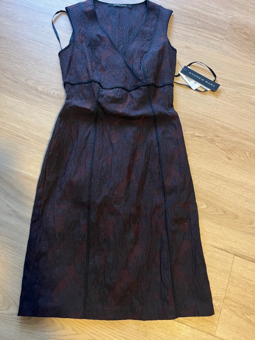 Andrew Marc Black and Burgundy Sleeveless V-Neck Midi Dress